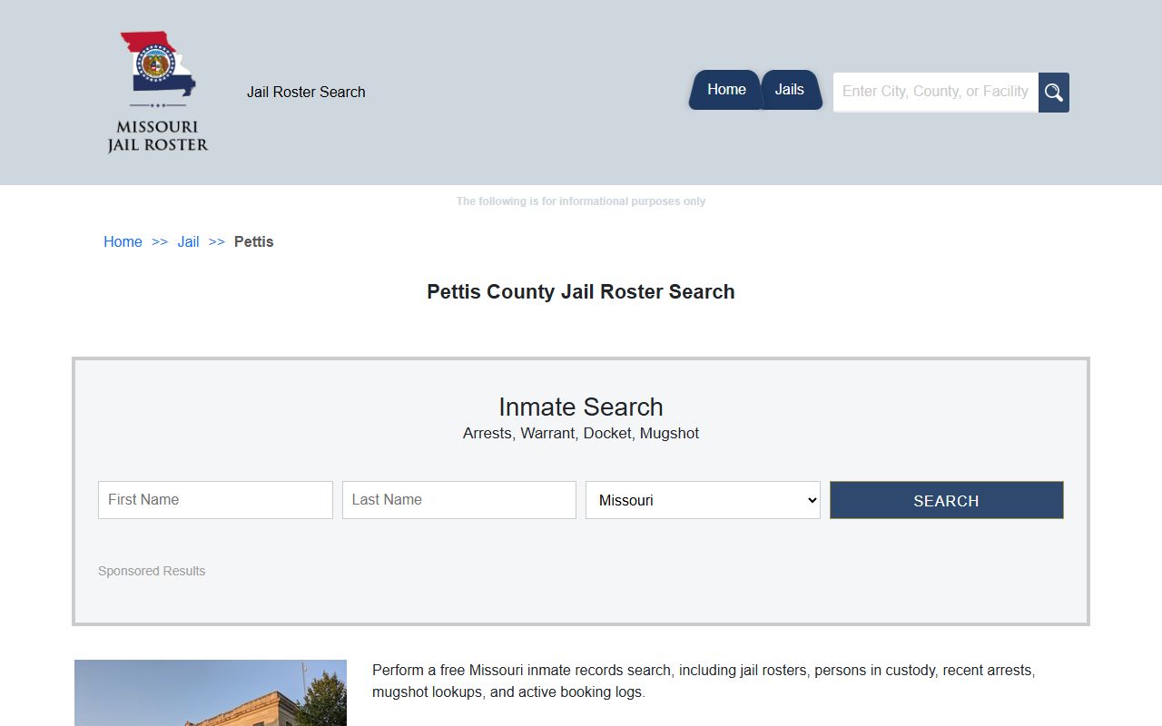Pettis County jail roster search page showing inmate results