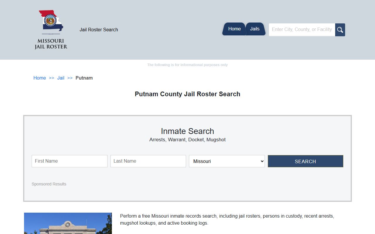 Putnam County jail roster search page showing inmate results