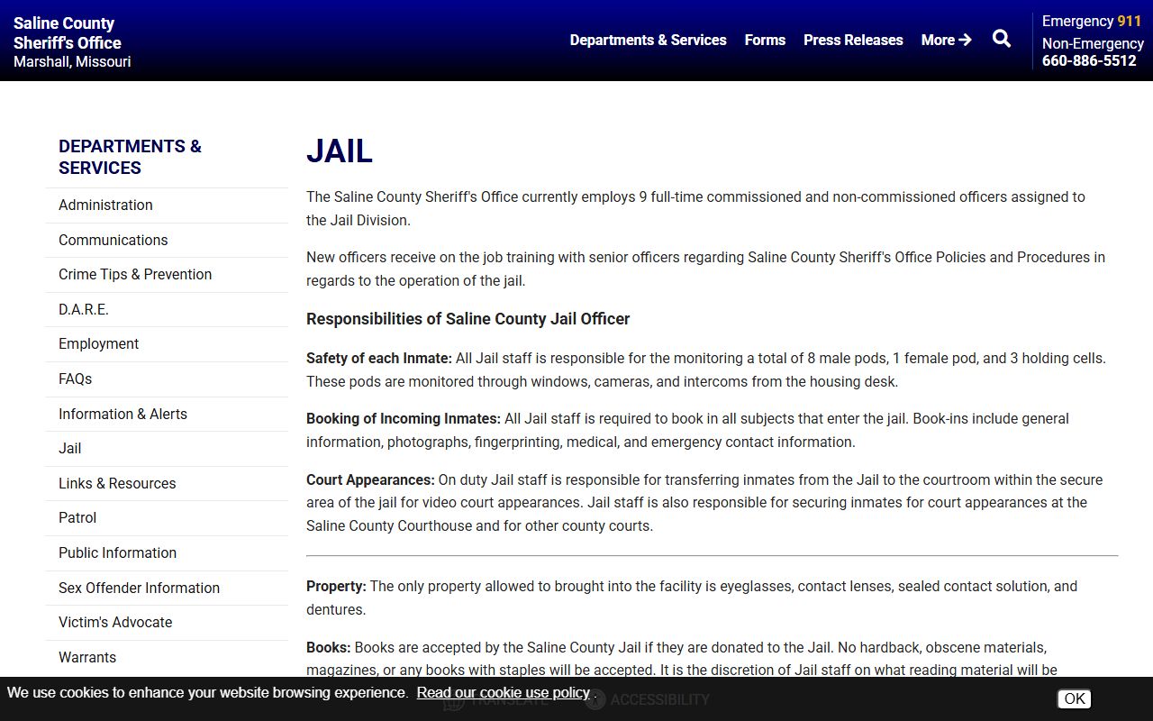 Saline County jail information page with inmate policies