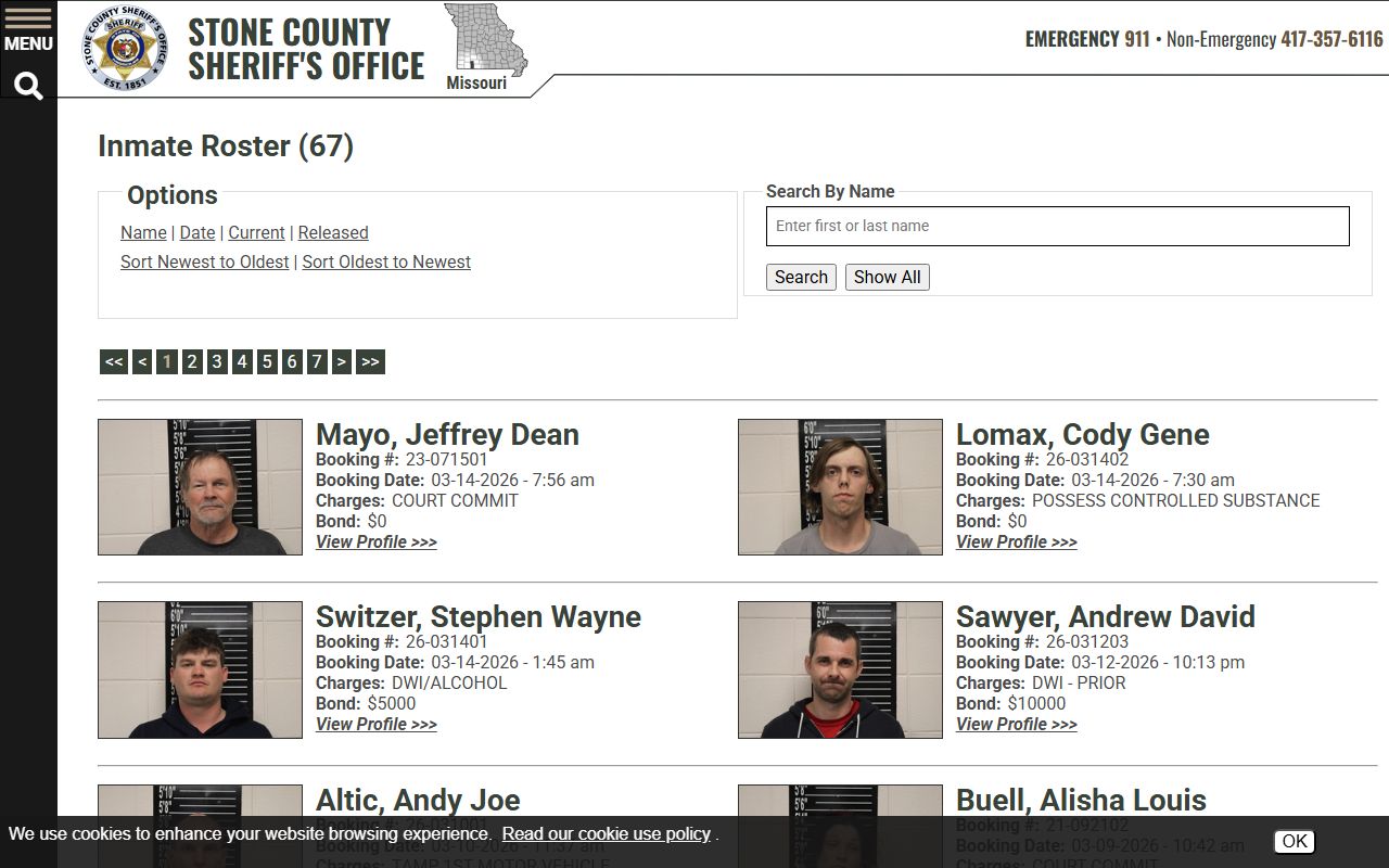 Stone County online inmate roster showing current jail bookings