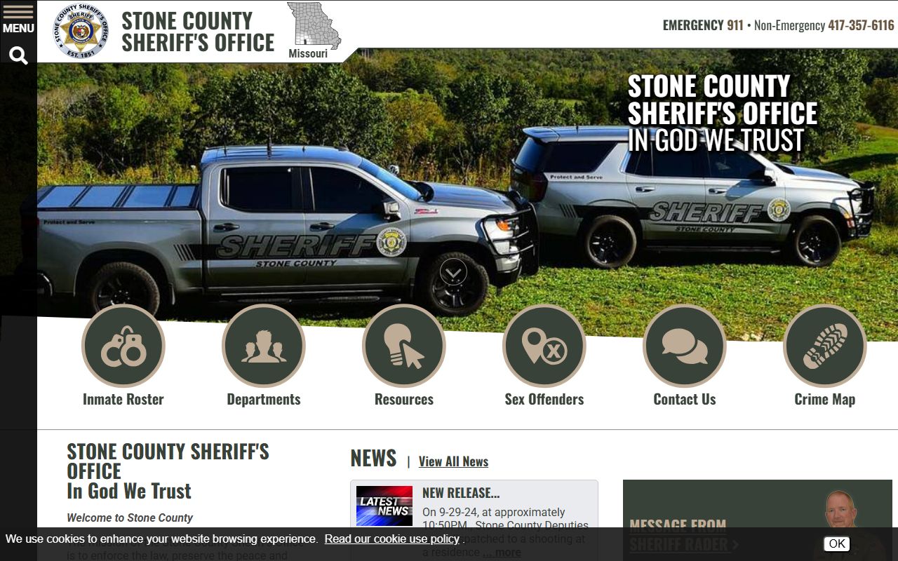 Stone County Sheriff's Office homepage with jail roster access