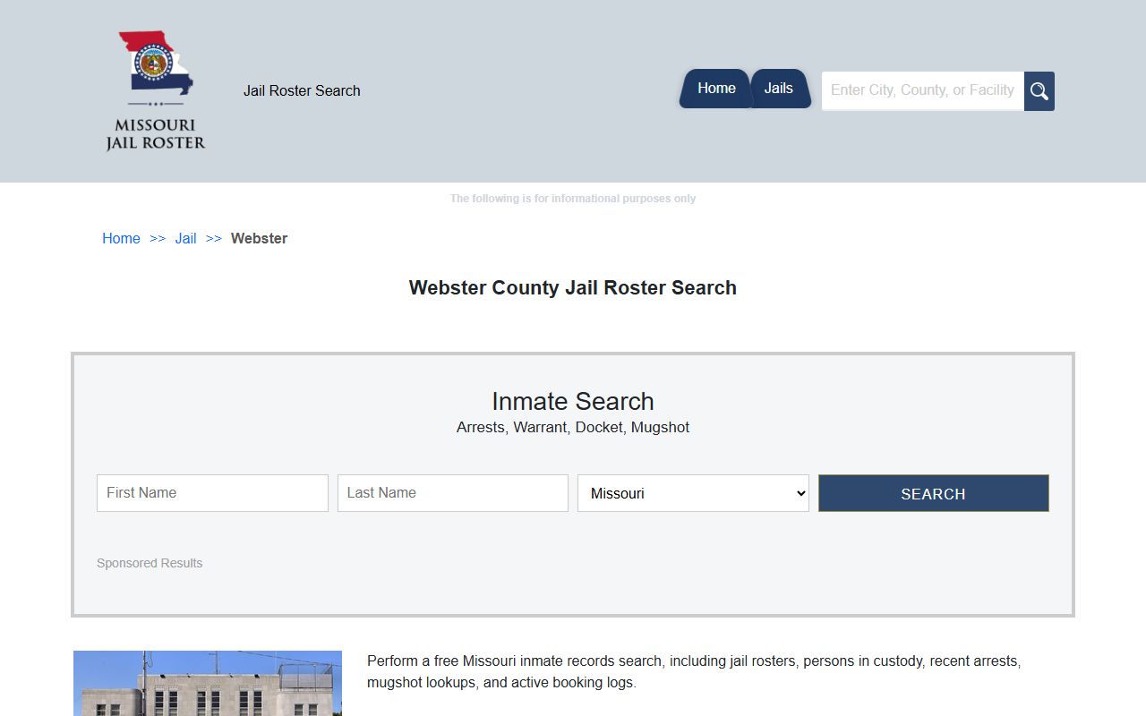 Webster County jail roster search resource for booking records