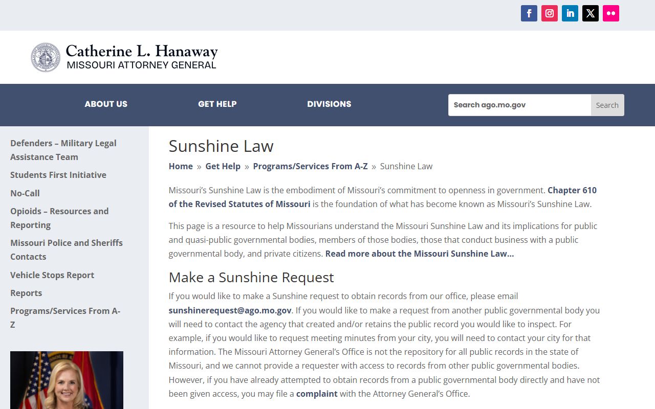 Missouri Attorney General Sunshine Law page for jail roster public records access