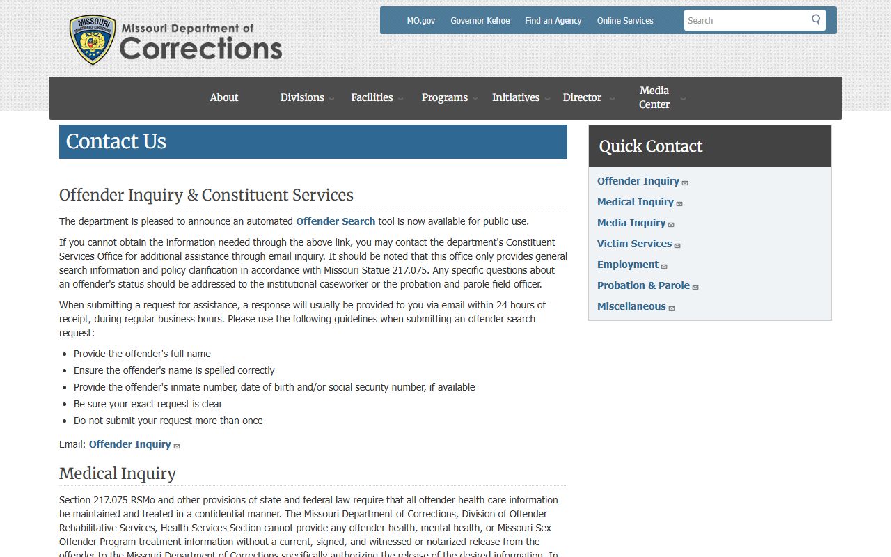 Missouri Department of Corrections contact page for jail roster inquiries