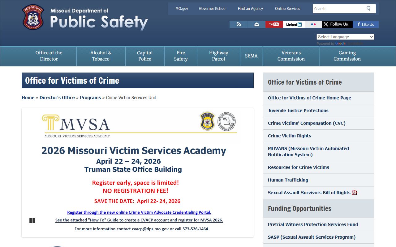 Missouri DPS Victim Services page for jail roster notification registration