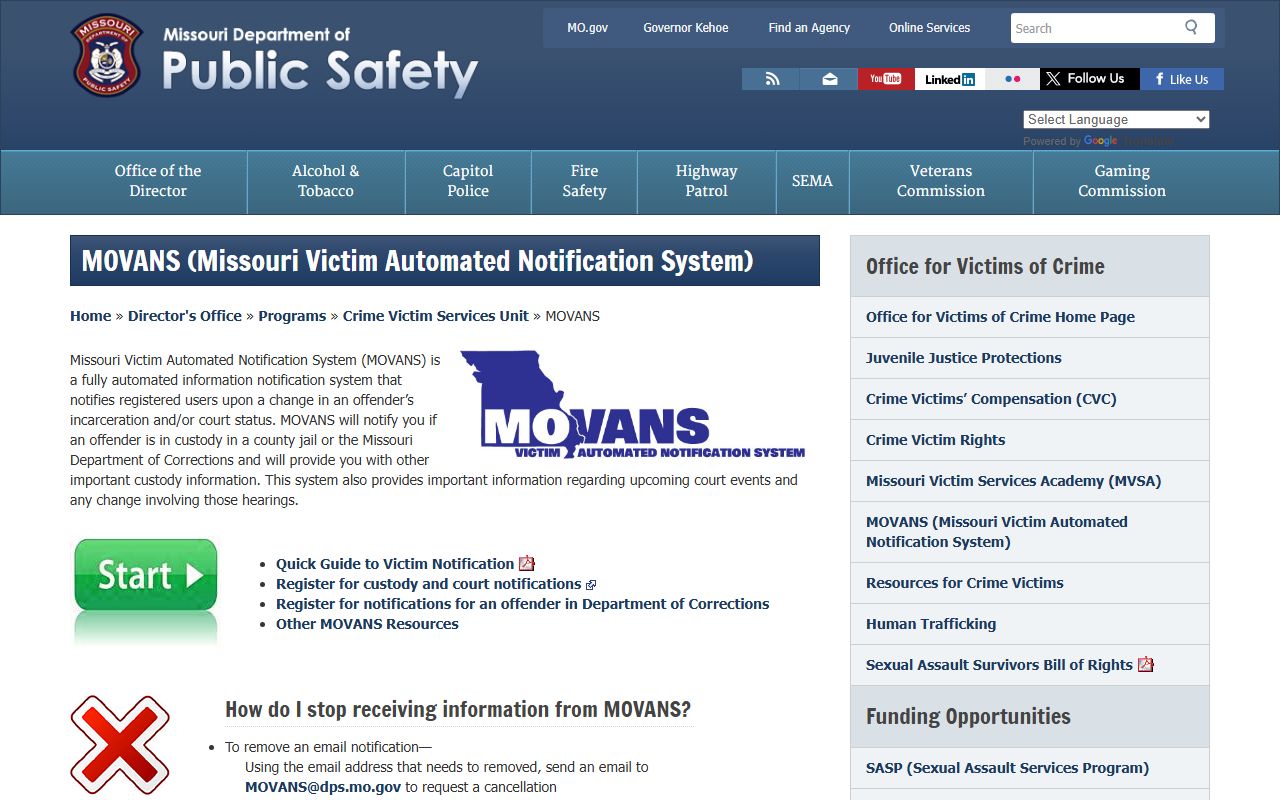 MOVANS Missouri Victim Automated Notification System for jail roster alerts