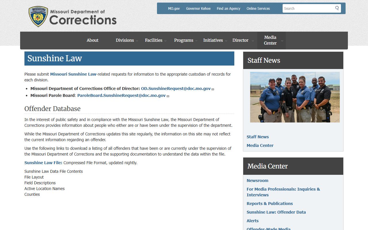 Missouri Sunshine Law data file page for jail roster and offender records